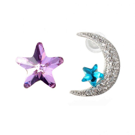 Unique Asymmetric Ear Stud Earring Luxury Micro Paved Zirconia Crystal Star Moon Piercing Earrings