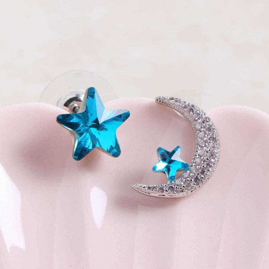 Unique Asymmetric Ear Stud Earring Luxury Micro Paved Zirconia Crystal Star Moon Piercing Earrings