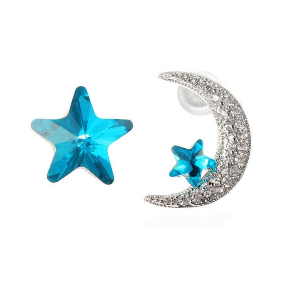 Unique Asymmetric Ear Stud Earring Luxury Micro Paved Zirconia Crystal Star Moon Piercing Earrings