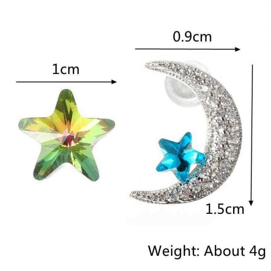 Unique Asymmetric Ear Stud Earring Luxury Micro Paved Zirconia Crystal Star Moon Piercing Earrings