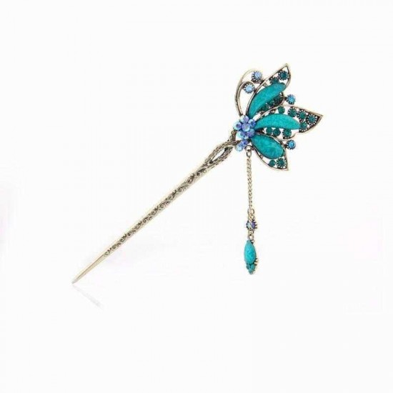 Unique Women Hair Accessories Vintage Butterfly Rhinestone Turquoise Tassel Hairpin