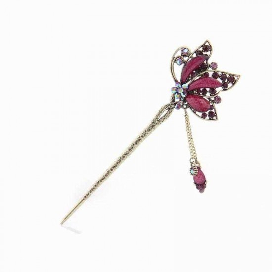 Unique Women Hair Accessories Vintage Butterfly Rhinestone Turquoise Tassel Hairpin