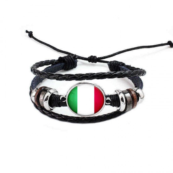 Unisex National Flag Pattern Bracelet Alloy Leather Rope Bracelet for Men Women