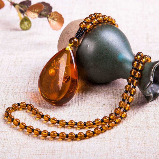 Unisex Resin Amber Flower Drop Pendant Vintage Geometry Beads Women Necklace Chain