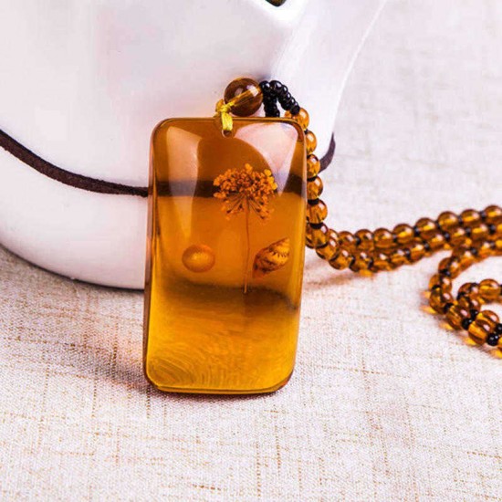 Unisex Resin Amber Flower Drop Pendant Vintage Geometry Beads Women Necklace Chain