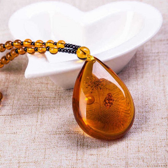 Unisex Resin Amber Flower Drop Pendant Vintage Geometry Beads Women Necklace Chain