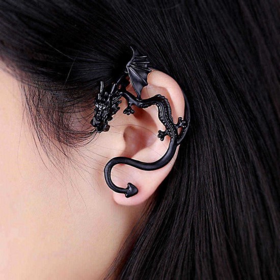 Unisex Statement Punk Dragon Ear Cuff Black Gold Ear Clip Stud Earrings