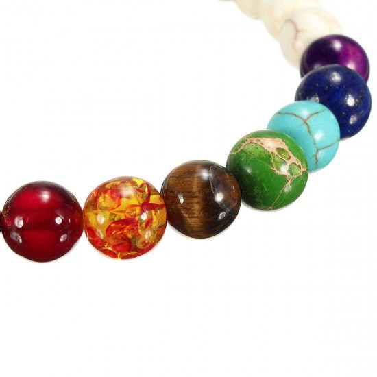 Unisex White Stone Agate Colorful Beads Prayer Elastic Bracelet