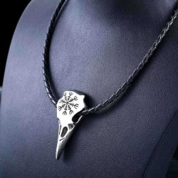 Viking Amulet Crow Skull Pendant Necklace Trendy Genuine Leather Chain for Men Women