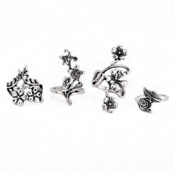 Vintage 4 Pcs Ring Set Bohemian Flower Silver Rings Punk Knuckle Ring Set for Women