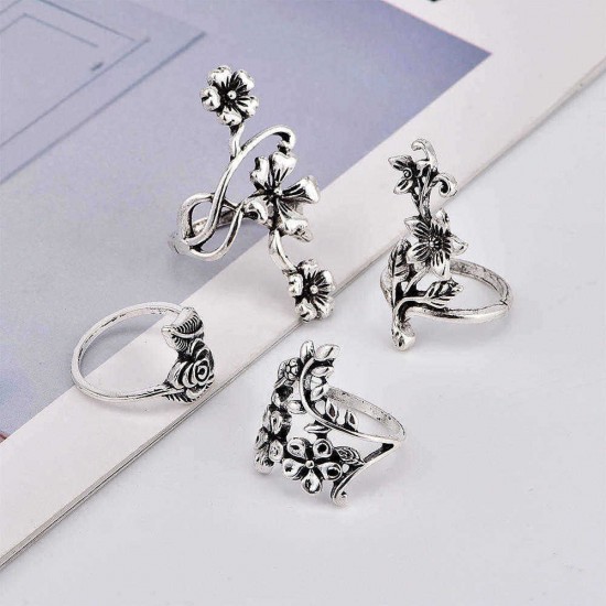 Vintage 4 Pcs Ring Set Bohemian Flower Silver Rings Punk Knuckle Ring Set for Women