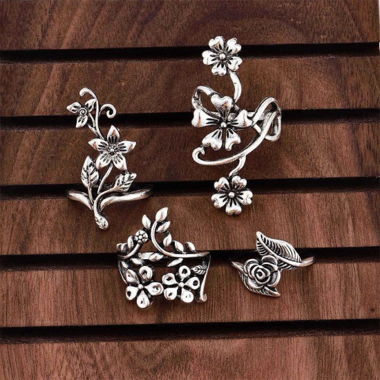 Vintage 4 Pcs Ring Set Bohemian Flower Silver Rings Punk Knuckle Ring Set for Women