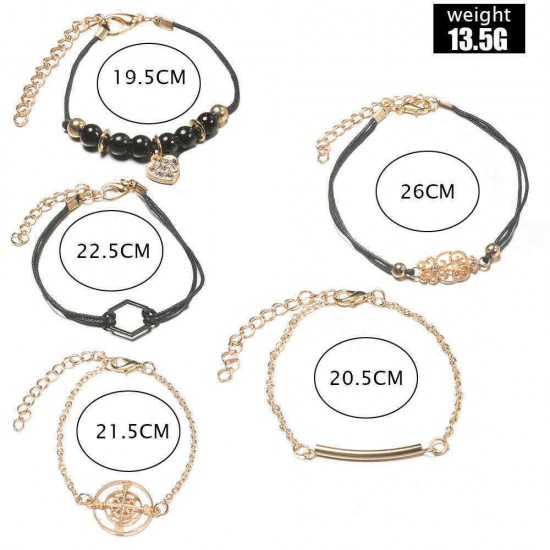 Vintage 5 Pcs Bracelet Set Compass Rhinestone Pendant Bracelet Ethnic Beading Bracelet for Women