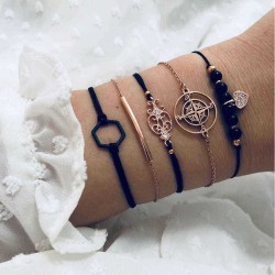 Vintage 5 Pcs Bracelet Set Compass Rhinestone Pendant Bracelet Ethnic Beading Bracelet for Women