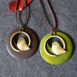 Vintage Alloy Bird Round Wood Plate Pendant Long Necklace Women lothing Accessories