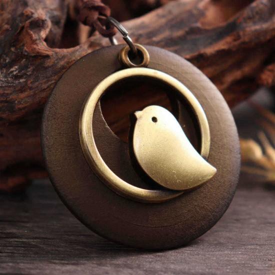 Vintage Alloy Bird Round Wood Plate Pendant Long Necklace Women lothing Accessories