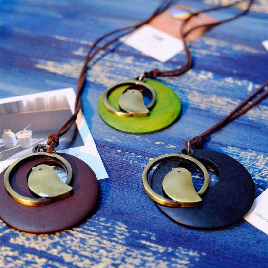 Vintage Alloy Bird Round Wood Plate Pendant Long Necklace Women lothing Accessories