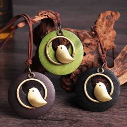 Vintage Alloy Bird Round Wood Plate Pendant Long Necklace Women lothing Accessories