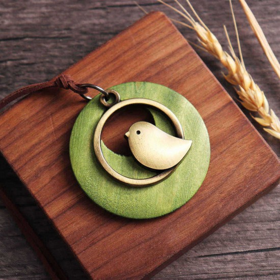 Vintage Alloy Bird Round Wood Plate Pendant Long Necklace Women lothing Accessories