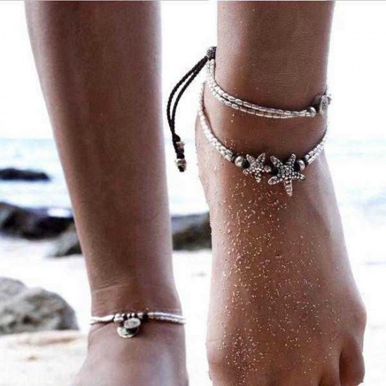 Vintage Antique Silver Anklet Women Starfish Rune Beaded Bracelet Ankle Boho Foot Jewelry