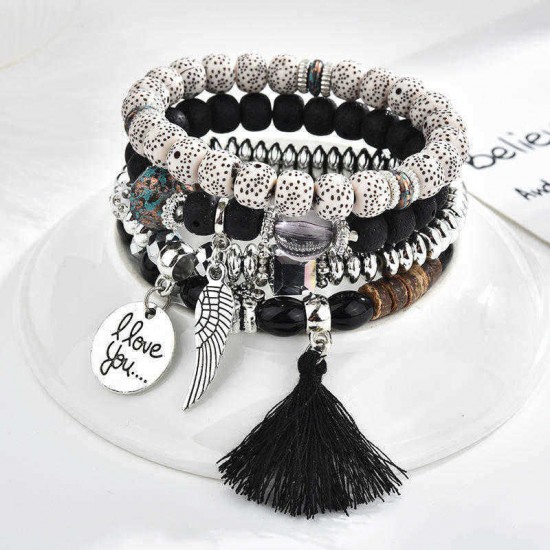 Vintage Beaded Bracelet Set Tassels Charm Multilayer Bracelet Ethnic Jewelry for Women