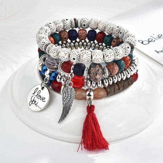 Vintage Beaded Bracelet Set Tassels Charm Multilayer Bracelet Ethnic Jewelry for Women