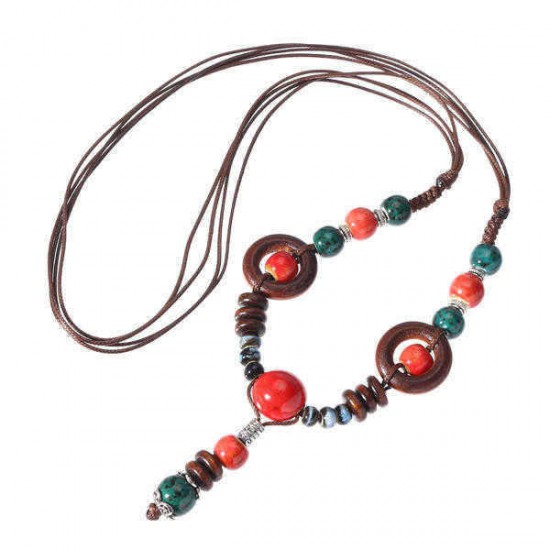 Vintage Beaded Pendant Sweater Chain Ethnic Ceramics Beads Long Necklace for Women