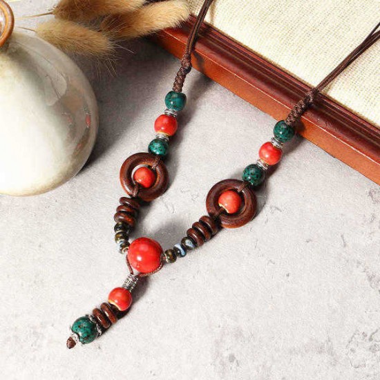 Vintage Beaded Pendant Sweater Chain Ethnic Ceramics Beads Long Necklace for Women