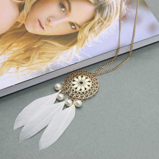 Vintage Bohemian Hollow Out Flower Zircon Feather Pearl Necklace