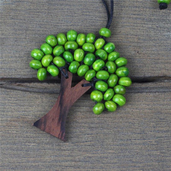 Vintage Bohemian Women's Necklace Handmade Wooden Beads Tree of Life Ethnic Large Charm Necklace