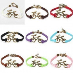 Vintage Bronze Bicycle Bike PU Leather Bracelet  For Women