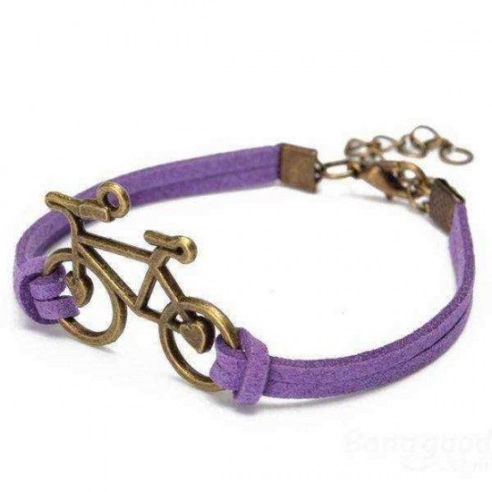 Vintage Bronze Bicycle Bike PU Leather Bracelet  For Women