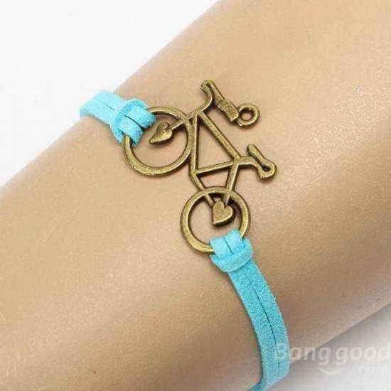 Vintage Bronze Bicycle Bike PU Leather Bracelet  For Women