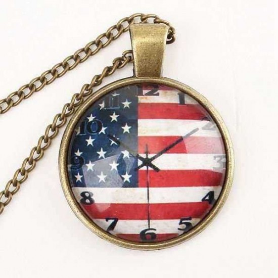 Vintage Bronze Glass Cabochon US UK Flag Watch Pendant Necklace