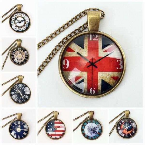 Vintage Bronze Glass Cabochon US UK Flag Watch Pendant Necklace