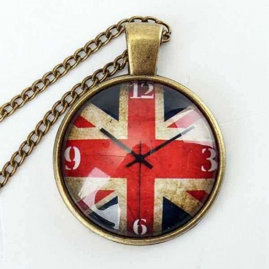 Vintage Bronze Glass Cabochon US UK Flag Watch Pendant Necklace