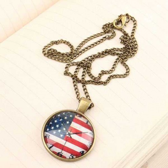 Vintage Bronze Glass Cabochon US UK Flag Watch Pendant Necklace