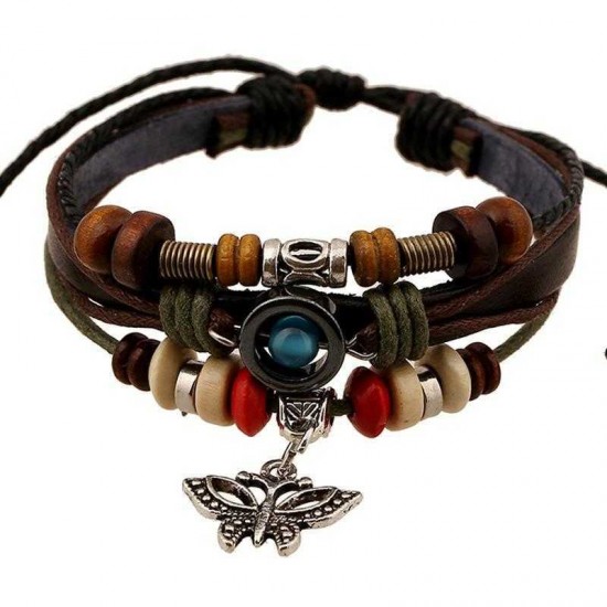 Vintage Butterfly Cowhide Bracelet Weaving Multi Layer Bracelet Retro Women Bracelet