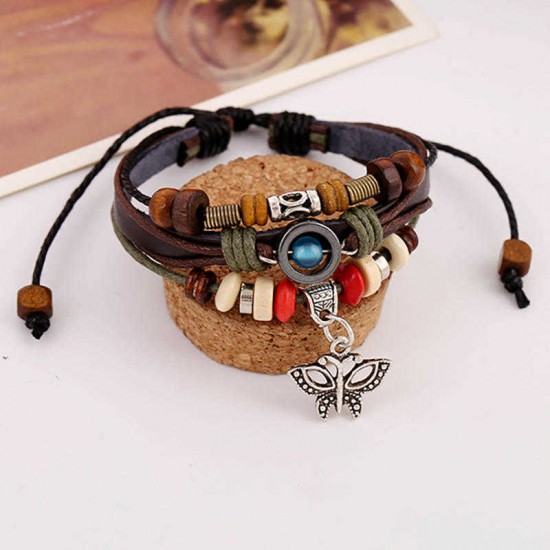 Vintage Butterfly Cowhide Bracelet Weaving Multi Layer Bracelet Retro Women Bracelet