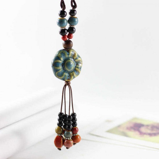 Vintage Ceramics Beads Tassels Flower Pendant Rope Long Necklace for Women Gift for Women