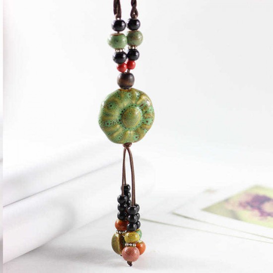 Vintage Ceramics Beads Tassels Flower Pendant Rope Long Necklace for Women Gift for Women