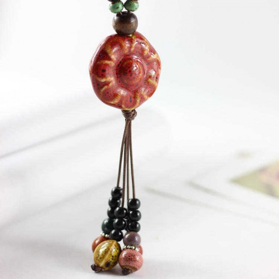 Vintage Ceramics Beads Tassels Flower Pendant Rope Long Necklace for Women Gift for Women