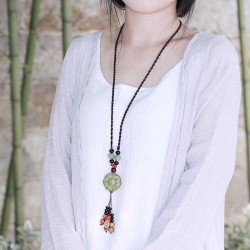 Vintage Ceramics Beads Tassels Flower Pendant Rope Long Necklace for Women Gift for Women