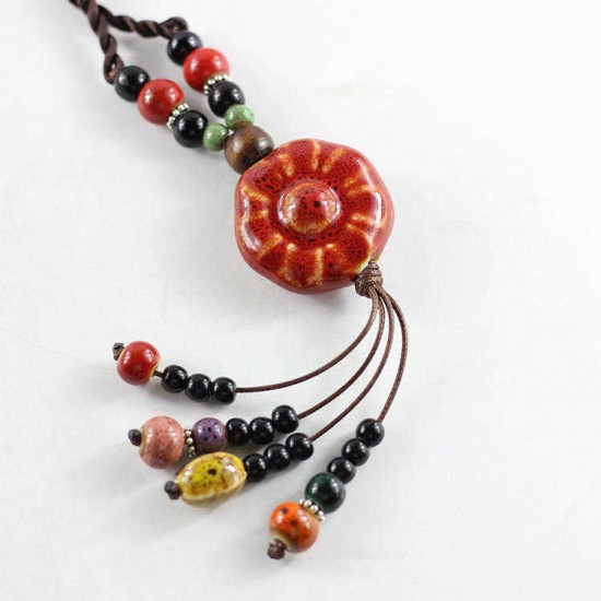 Vintage Ceramics Beads Tassels Flower Pendant Rope Long Necklace for Women Gift for Women