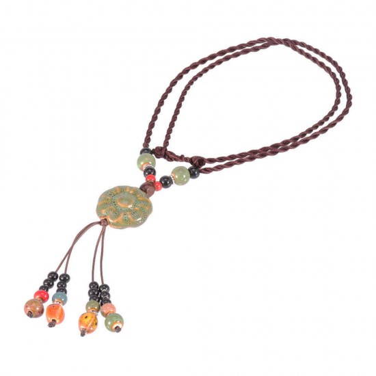 Vintage Ceramics Beads Tassels Flower Pendant Rope Long Necklace for Women Gift for Women