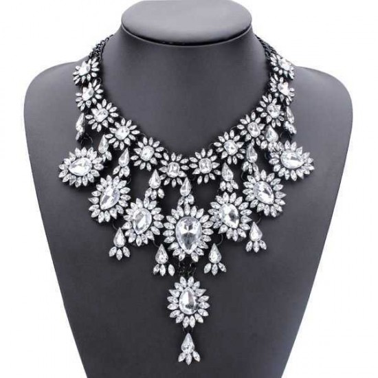 Vintage Crystal Flower Water Drop Chunky Statement Multilayer Necklace