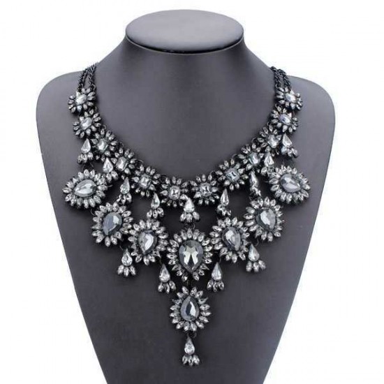 Vintage Crystal Flower Water Drop Chunky Statement Multilayer Necklace