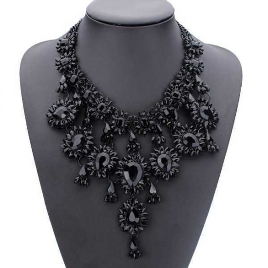 Vintage Crystal Flower Water Drop Chunky Statement Multilayer Necklace