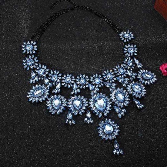 Vintage Crystal Flower Water Drop Chunky Statement Multilayer Necklace