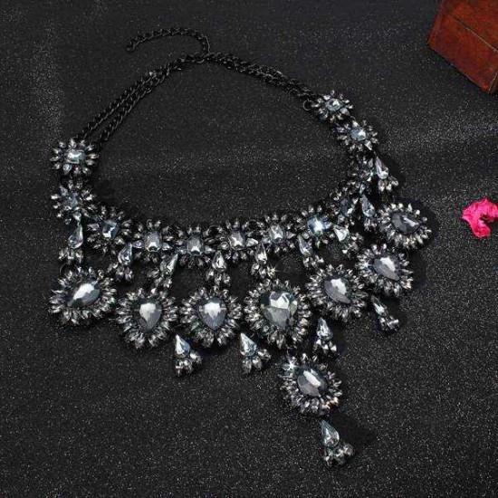 Vintage Crystal Flower Water Drop Chunky Statement Multilayer Necklace